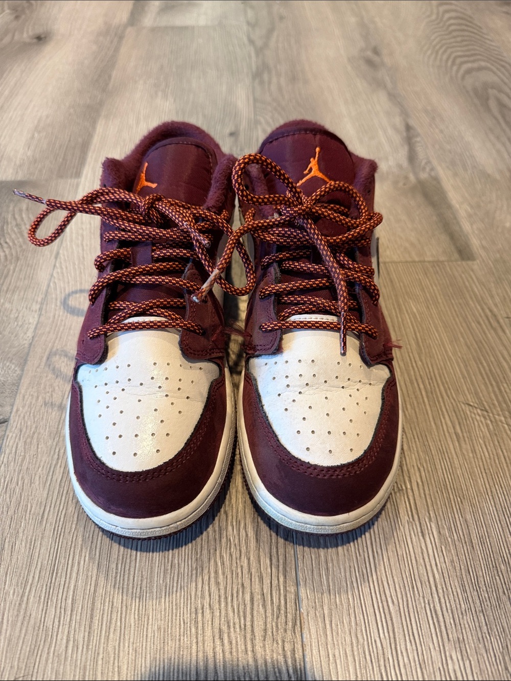 Jordan Kids Burgundy and White low-Top Sneakers with Orange Jumpman